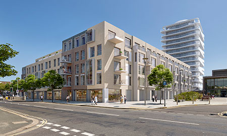 Visualisation of the street view of the new build Bayside Worthing apartments