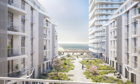 Courtyard visualisation of the Bayside Apartments looking out to sea